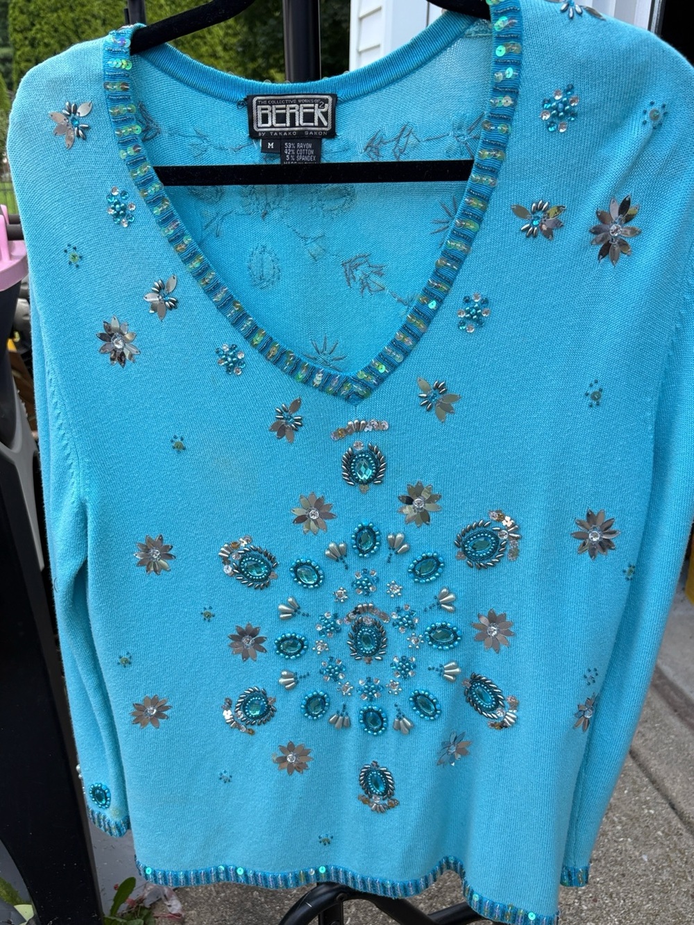 Vintage Turquoise Blue Embellished V-Neck Sweater